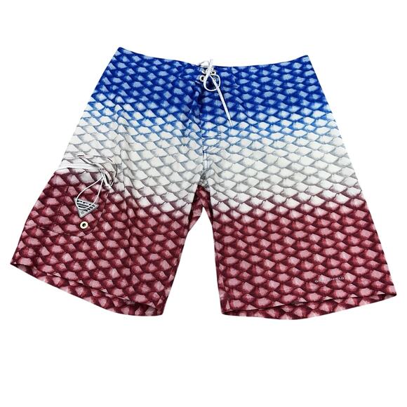 Columbia PFG Board Shorts Mens 38 Red Blue White Scales Omni-Shield Swim Trunks - Picture 1 of 9